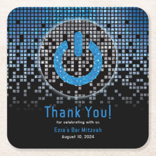 Blue Black Video Game Gamer Bar Mitzvah Square Paper Coaster