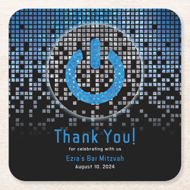Blue Black Video Game Gamer Bar Mitzvah Square Paper Coaster (Front)