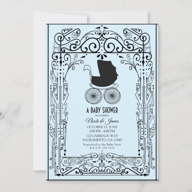 Blue & Black Vintage Carriage Deco Baby Shower   Invitation (Front)