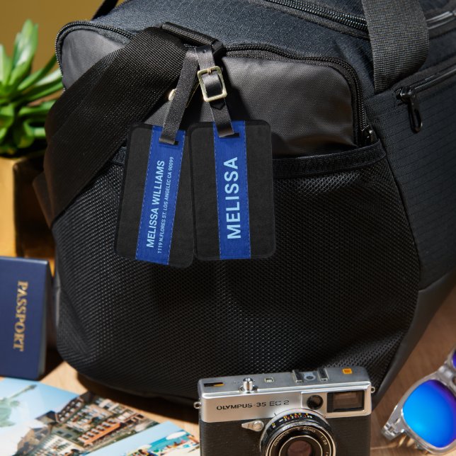 Blue & Black Vintage Leather Texture Luggage Tag (Front & Back)