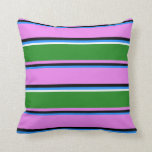 [ Thumbnail: Blue, Black, Violet, Forest Green & White Colored Throw Pillow ]