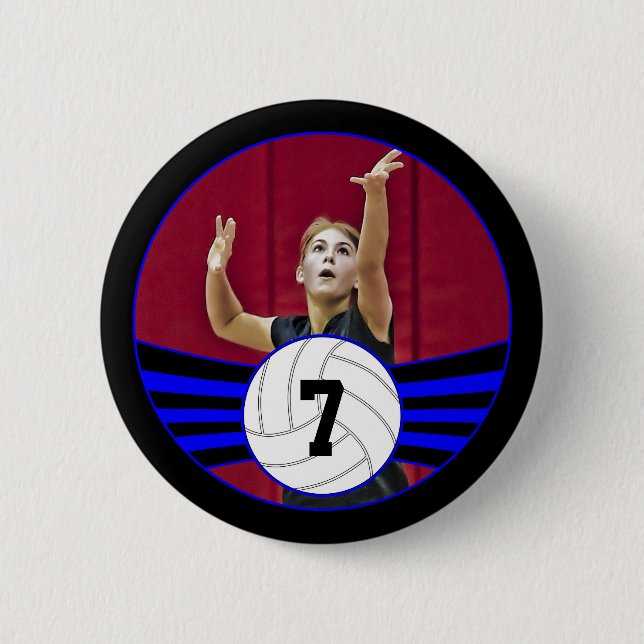 Blue & Black Volleyball Photo and Jersey Number Button (Front)