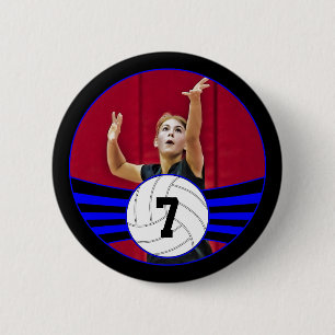 Blue & Black Volleyball Photo and Jersey Number Button