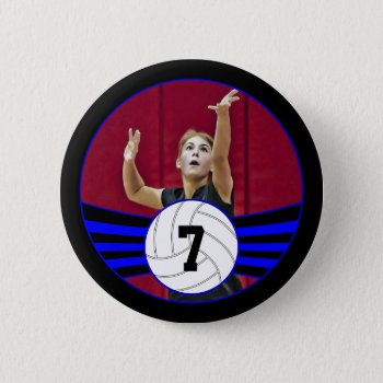 Blue & Black Volleyball Photo And Jersey Number Button by SoccerMomsDepot at Zazzle