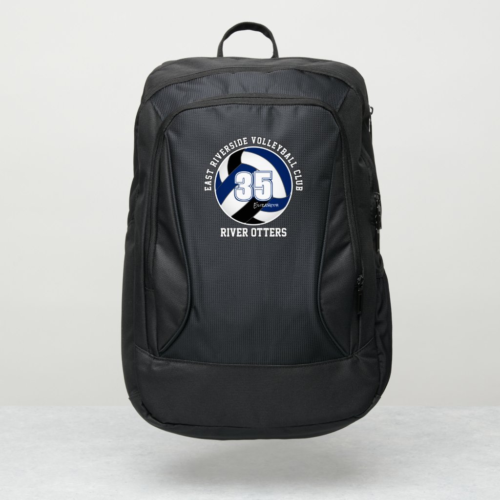 blue black volleyball team colors with team name backpack