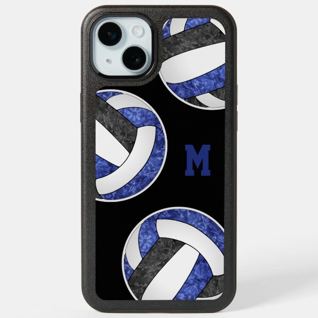 blue black volleyballs girly monogrammed iPhone 15 plus case (Back)