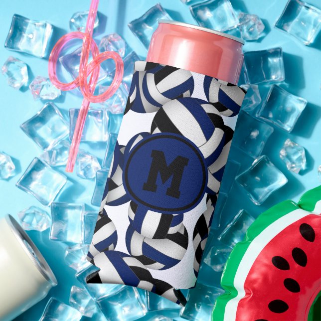 Blue black volleyballs pattern sports monogrammed seltzer can cooler (In Situ Summer)