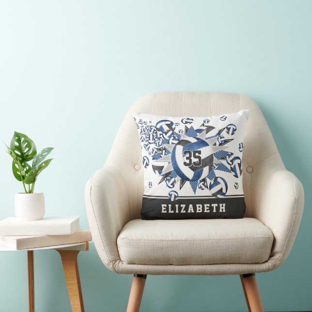 blue black volleyballs stars girly sports decor throw pillow (Chair)