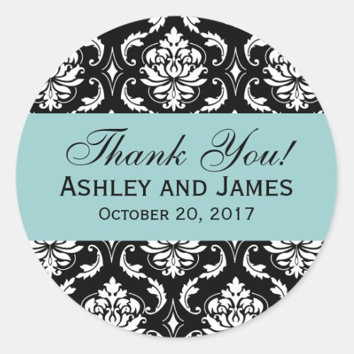 Blue Black Wedding Damask Thank You Label