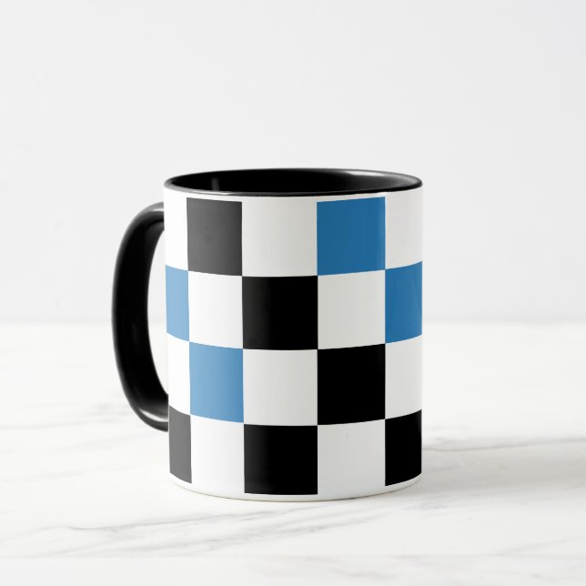 Blue Black White Checkered Pattern Design  Mug (Front Left)