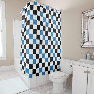 Blue Black White Checkered Pattern Design  Shower Curtain