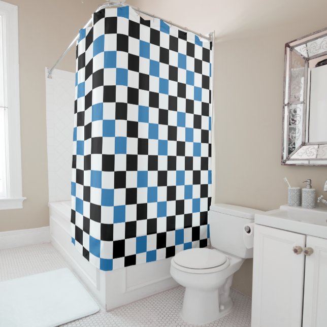Blue Black White Checkered Pattern Design  Shower Curtain (In Situ)