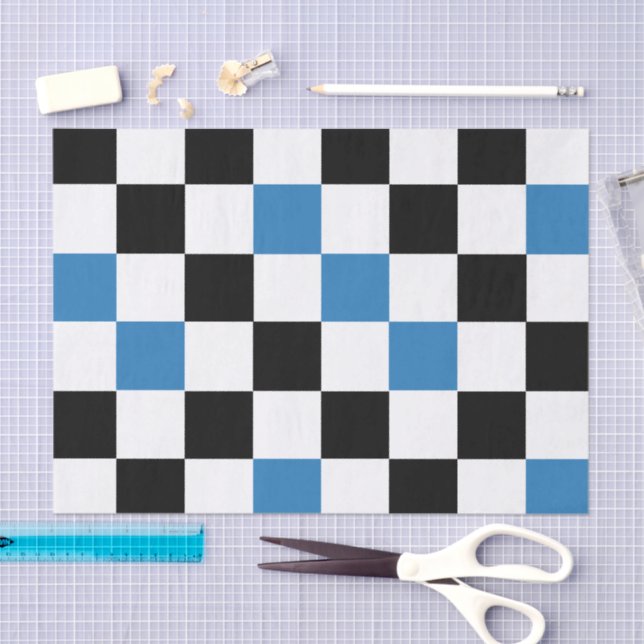 Blue Black White Checkered Pattern Design  Tissue Paper (Craft)