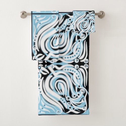 Blue Black White Curly Abstract Pattern  Bath Towel Set