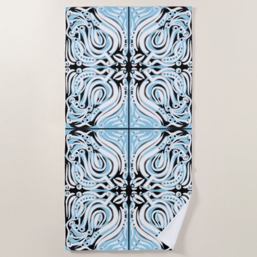 Blue Black White Curly Abstract Pattern  Beach Towel