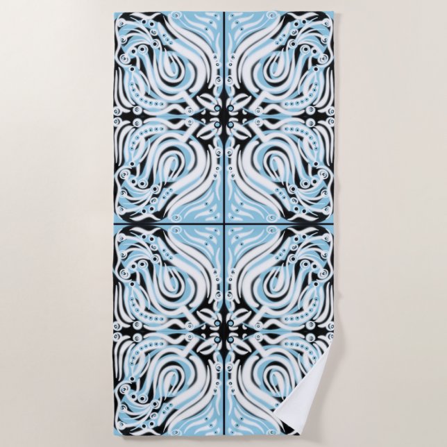 Blue Black White Curly Abstract Pattern  Beach Towel (Front)