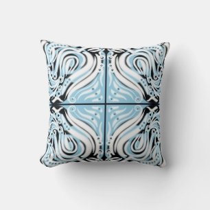 Blue Black White Curly Abstract Pattern  Throw Pillow