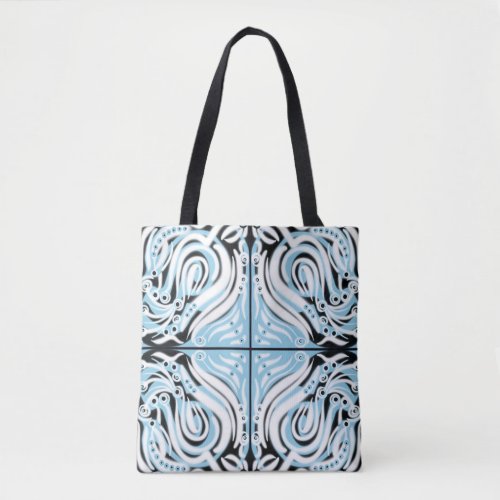 Blue Black White Curly Abstract Pattern  Tote Bag