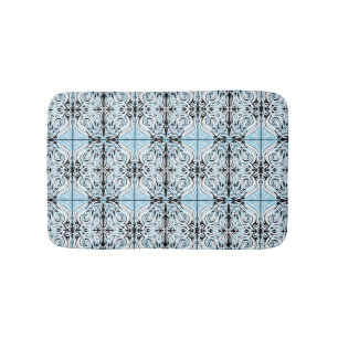 Blue Black White Curly Abstract Repeat Pattern  Bath Mat