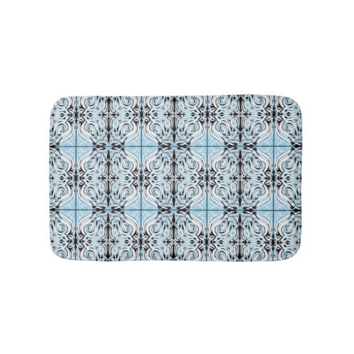 Blue Black White Curly Abstract Repeat Pattern  Bath Mat