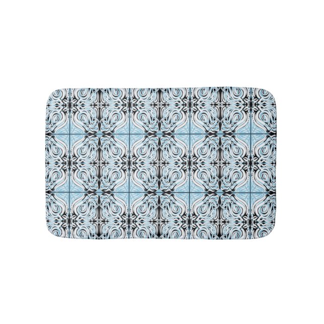 Blue Black White Curly Abstract Repeat Pattern  Bath Mat (Front)