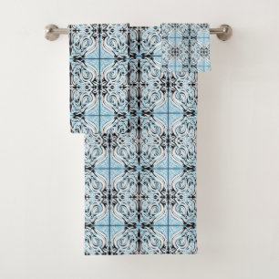 Blue Black White Curly Abstract Repeat Pattern Bath Towel Set