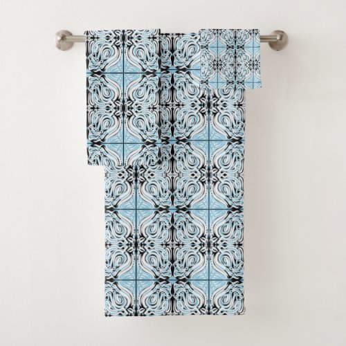 Blue Black White Curly Abstract Repeat Pattern  Bath Towel Set