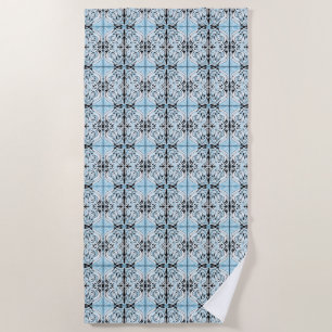 Blue Black White Curly Abstract Repeat Pattern Beach Towel