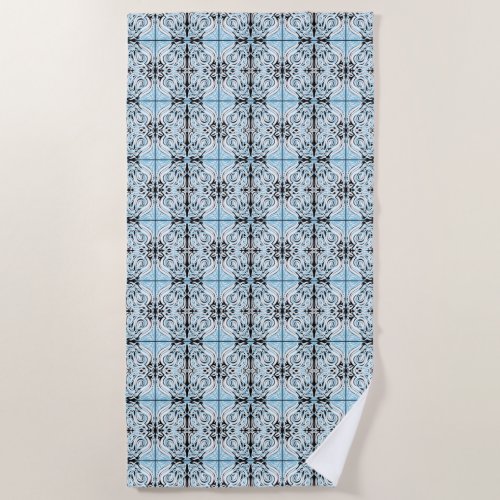 Blue Black White Curly Abstract Repeat Pattern  Beach Towel