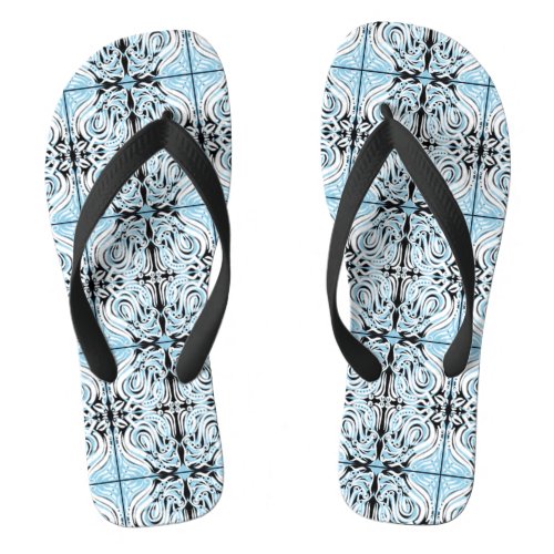 Blue Black White Curly Abstract Repeat Pattern  Flip Flops
