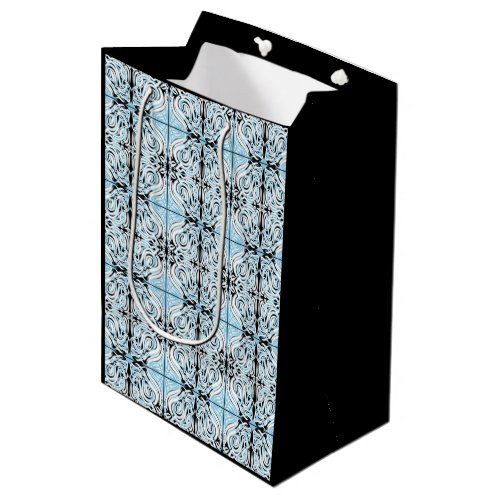 Blue Black White Curly Abstract Repeat Pattern  Medium Gift Bag
