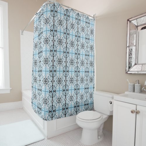 Blue Black White Curly Abstract Repeat Pattern  Shower Curtain