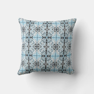 Blue Black White Curly Abstract Repeat Pattern  Throw Pillow