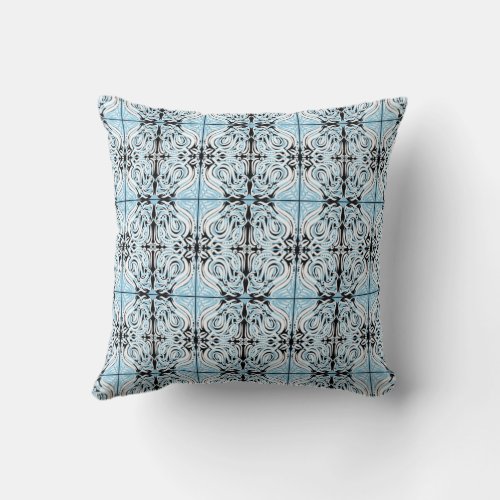 Blue Black White Curly Abstract Repeat Pattern  Throw Pillow