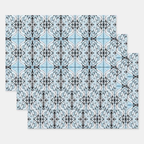 Blue Black White Curly Abstract Repeat Pattern  Wrapping Paper Sheets