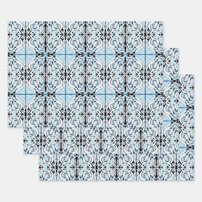 Blue Black White Curly Abstract Repeat Pattern  Wrapping Paper Sheets (Set)