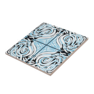 Blue Black White Curvy Abstract Pattern Ceramic Tile