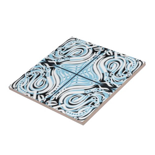 Blue Black White Curvy Abstract Pattern  Ceramic Tile
