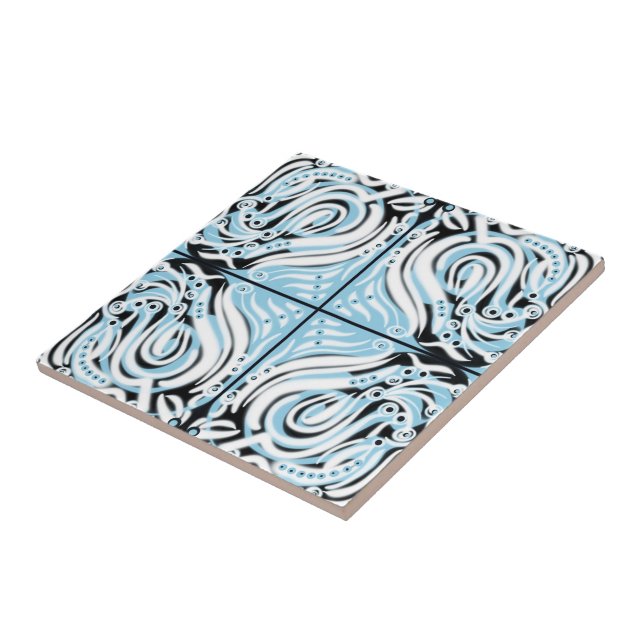 Blue Black White Curvy Abstract Pattern  Ceramic Tile (Side)