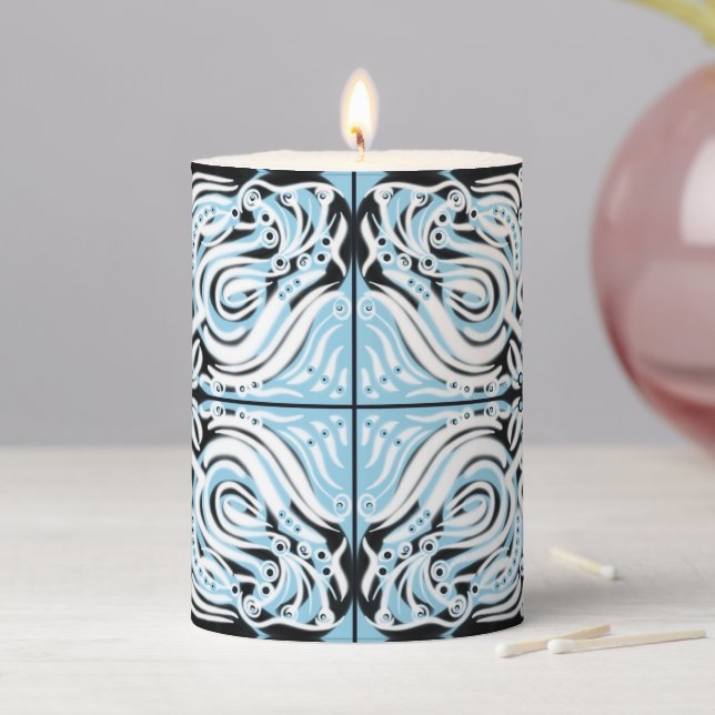 Blue Black White Curvy Abstract Pattern  Pillar Candle (In Situ)