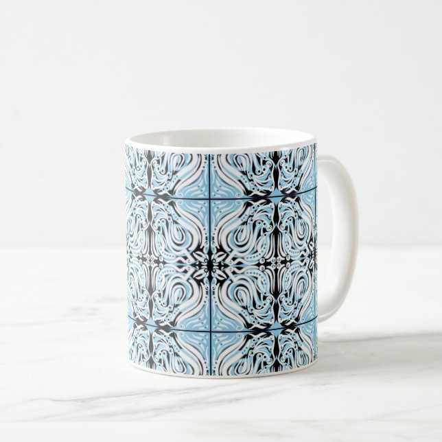 Blue Black White Curvy Abstract Repeat Pattern  Coffee Mug (Front Right)
