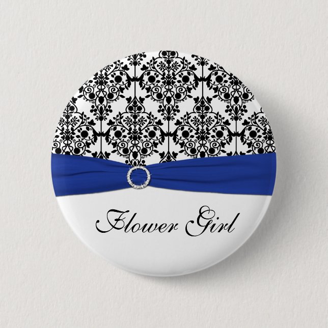Blue Black White Damask Flower Girl Pin (Front)