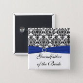 Blue Black White Damask Grandfather of the Bride Pinback Button (Front & Back)