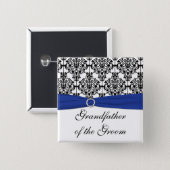 Blue Black White Damask Grandfather of the Groom Pinback Button (Front & Back)