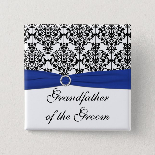 Blue Black White Damask Grandfather of the Groom Pinback Button (Front)