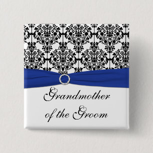 Blue Black White Damask Grandmother of the Groom Pinback Button