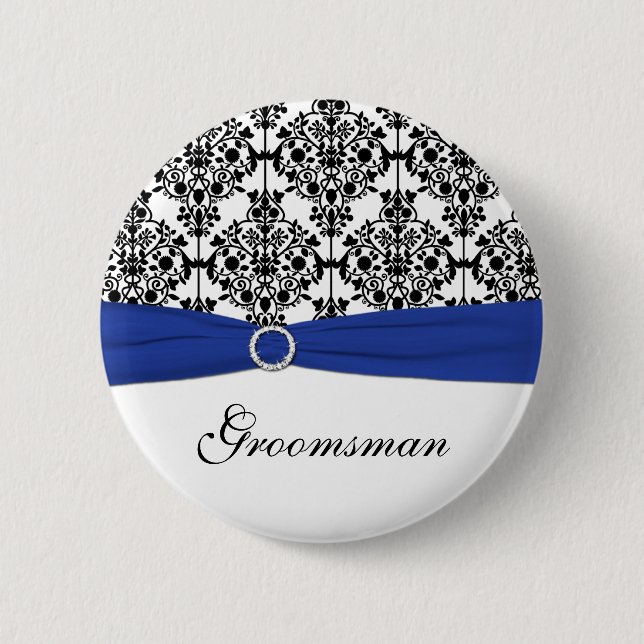 Blue Black White Damask Groomsman Pin (Front)