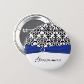 Blue Black White Damask Groomsman Pin (Front & Back)