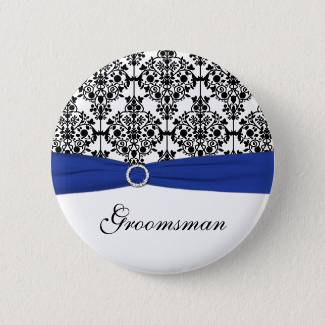 Blue Black White Damask Groomsman Pin (Front)