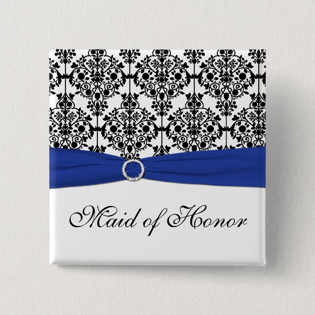 Blue Black White Damask Maid of Honor Pin (Front)